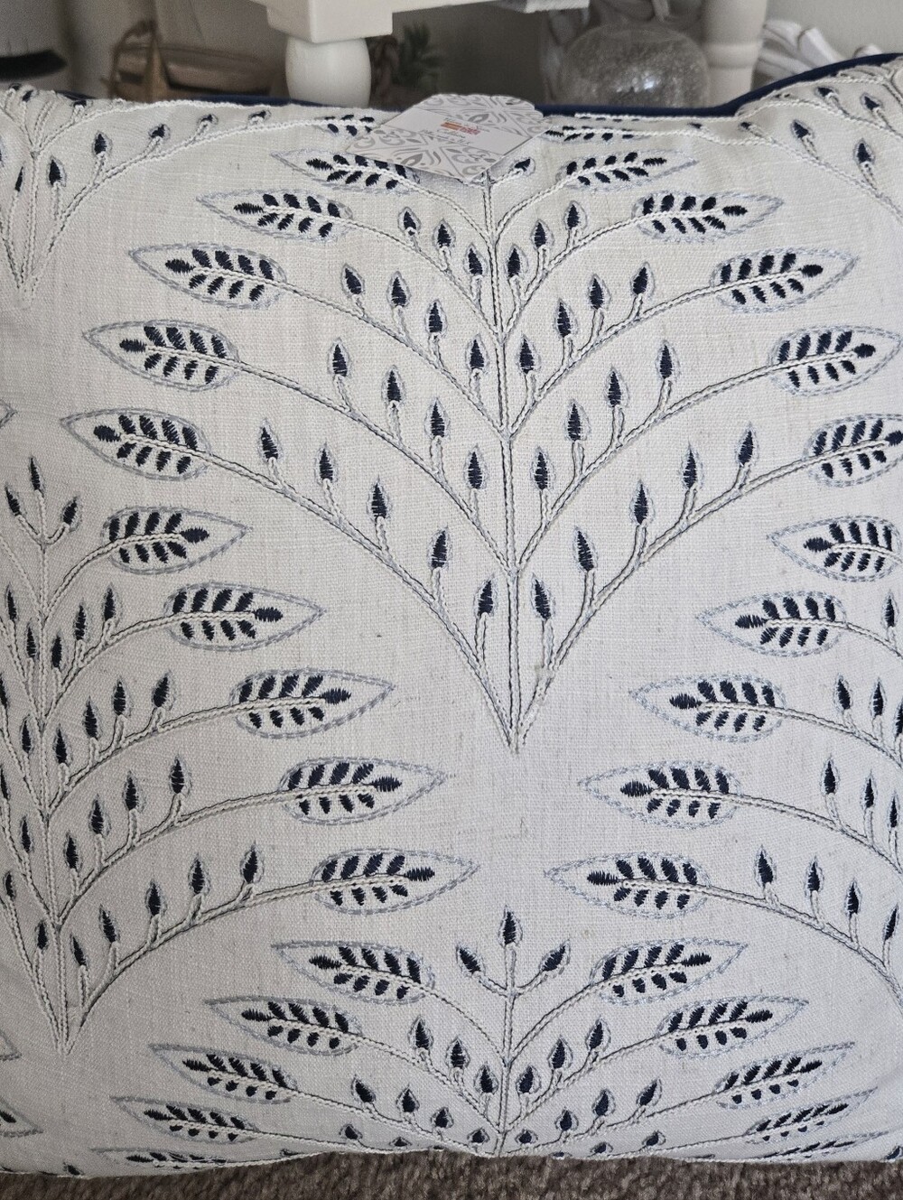 Embroidered Leaf Pattern Accent Pillow in Navy and Cream
